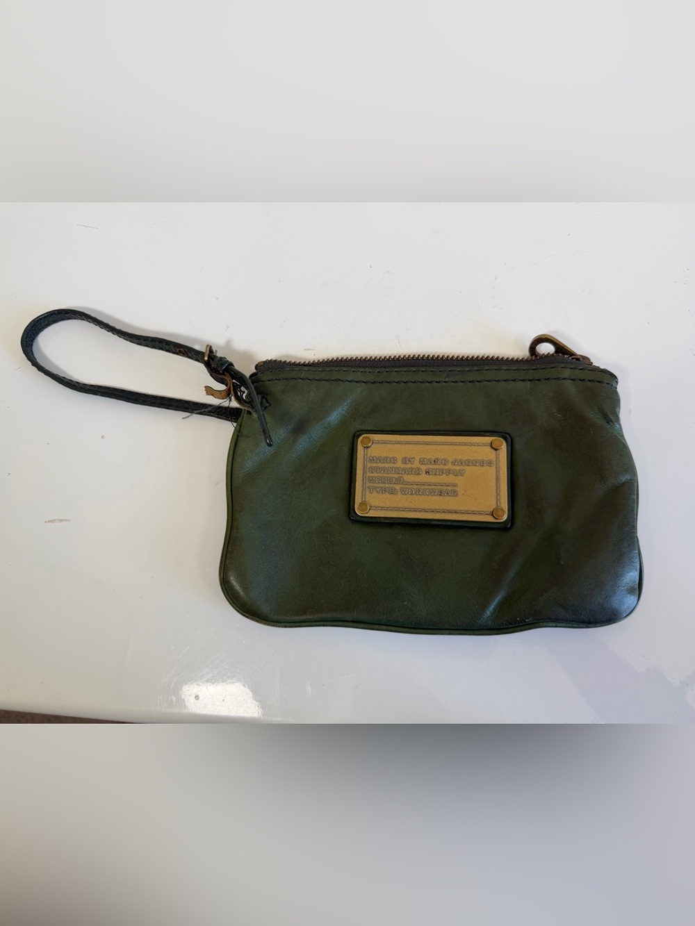 Marc by Marc Jacobs Olive Green Leather Wristlet Pouch Workwear Plaque